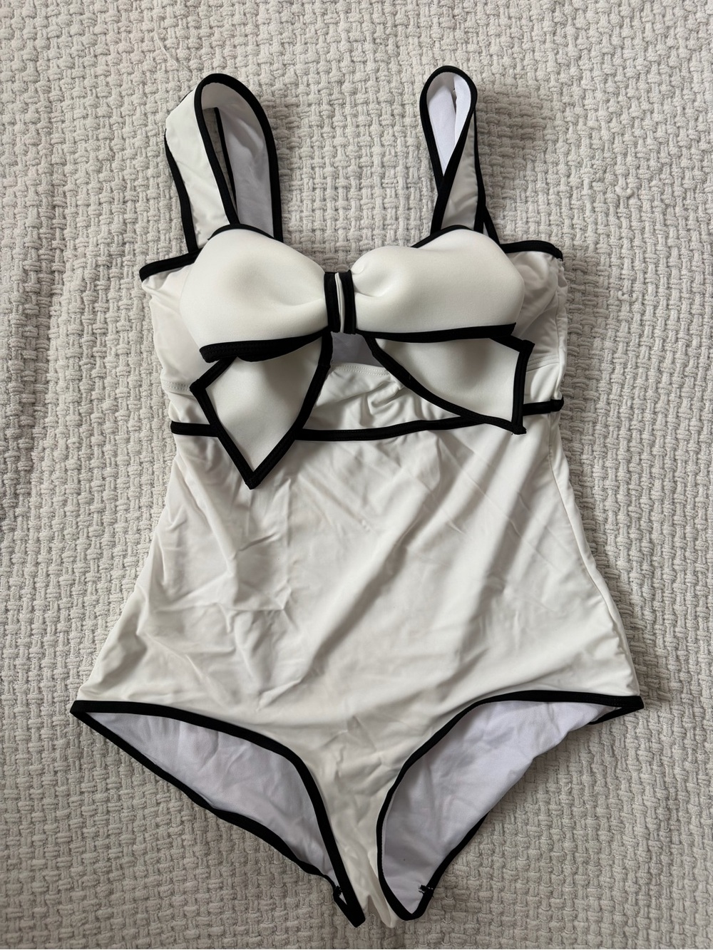 Women’s Cream Bow-Accent One-Piece Swimsuit with Black Trim